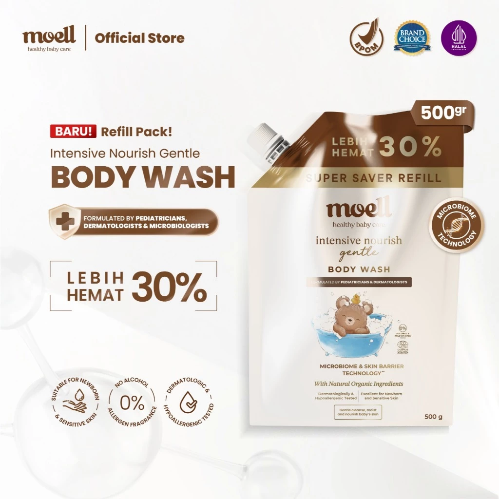 Moell Gentle Sabun Mandi Bayi Anak Kemasan Refill 500gr - Kulit Kering dan Sensitif - Tanpa SLS & Alkohol - Kulit Sensitif dan Kering - Skincare Bayi Formulasi Doker dengan Microbiome Teknologi - Skincare Bayi - Skincare Anak