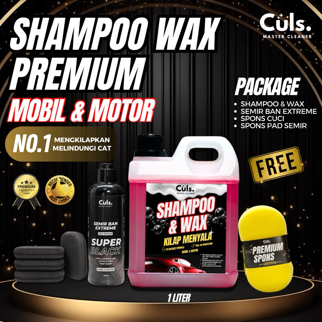 Shampoo Wax PREMIUM Untuk Mobil Dan Motor 1 Liter Bonus Semir Ban dan Spons