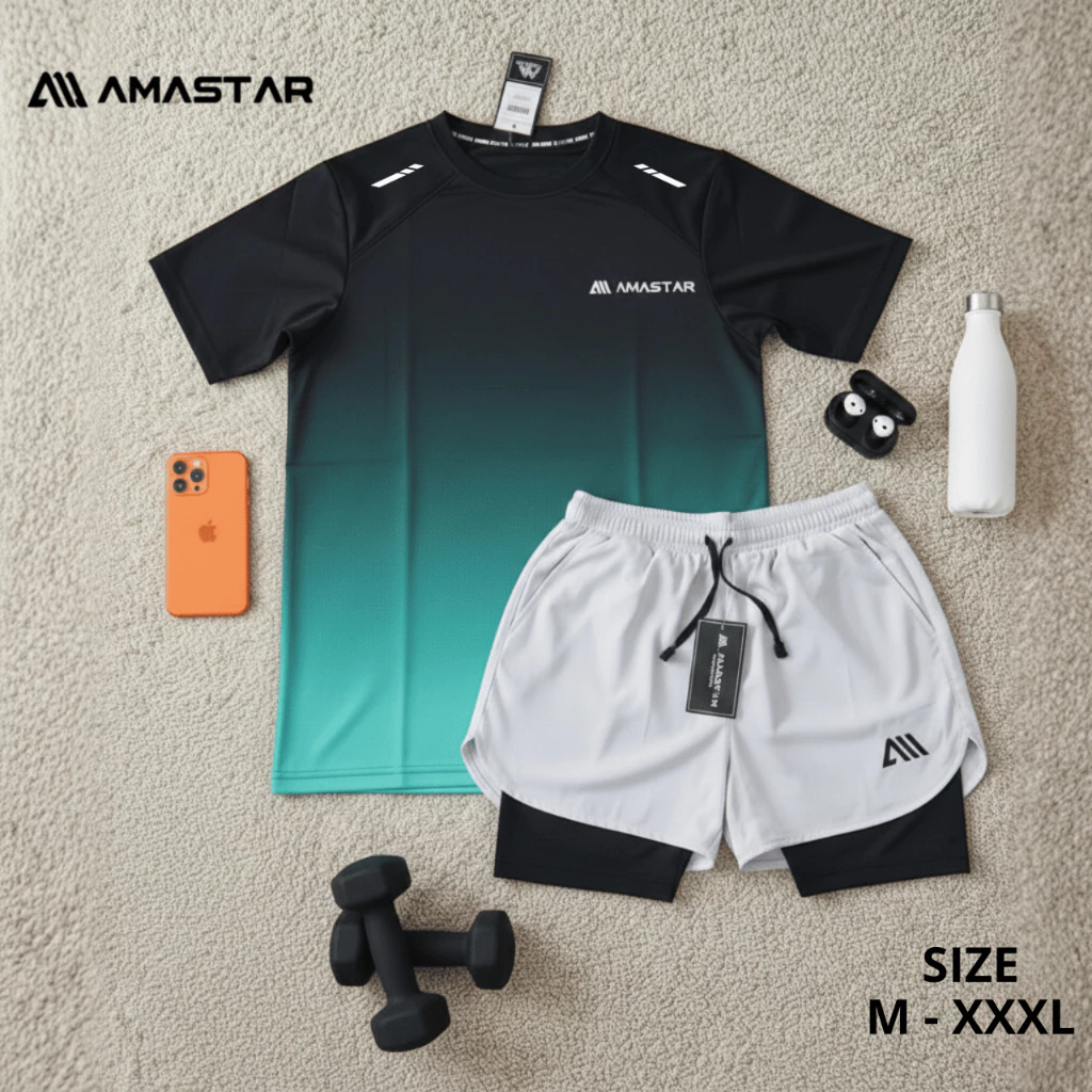 AMASTAR Hyperion 1set kaos Olahraga Pria Jersey Gradasi dan Celana Double Shorts