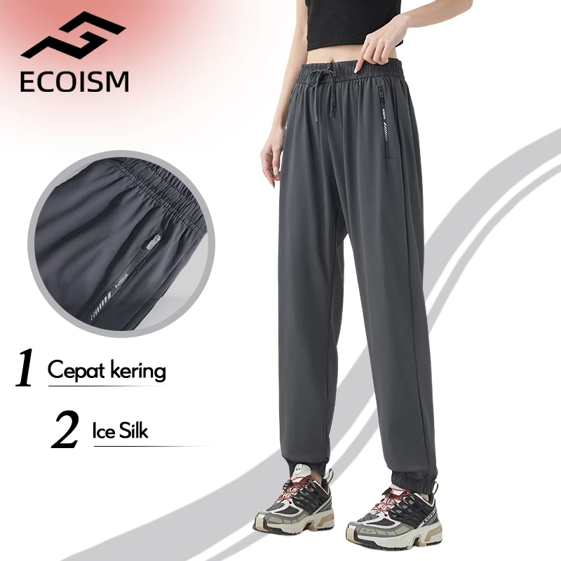 ECOISM Celana Panjang Wanita Ice Silk – Adem Stretch Quick Dry untuk Sport Gym Yoga