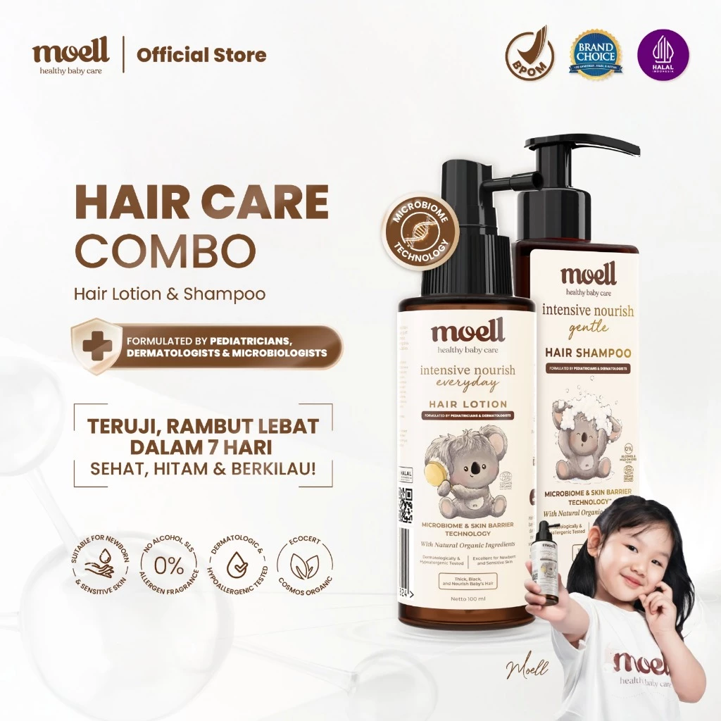 Moell Hair Care Hair Lotion 100ml & Shampoo 185gr - Skincare Anak Formulasi Dokter Microbiome Teknologi - Kulit Sensitif - Bayi Baru Lahir