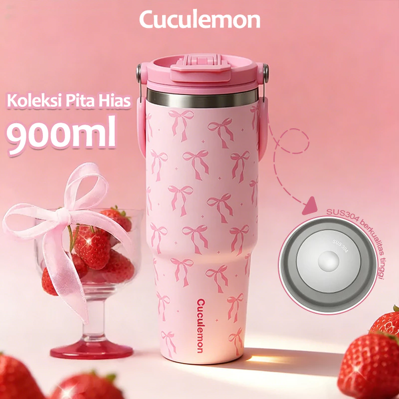 Cuculemon Tumbler 900ML Motif Aesthetic Kupu Kupu Pita Tahan Panas Dingin Stainless Steel 304 Vakum Insulated Dua Mode Minum Botol Minum Portable Car Thermos