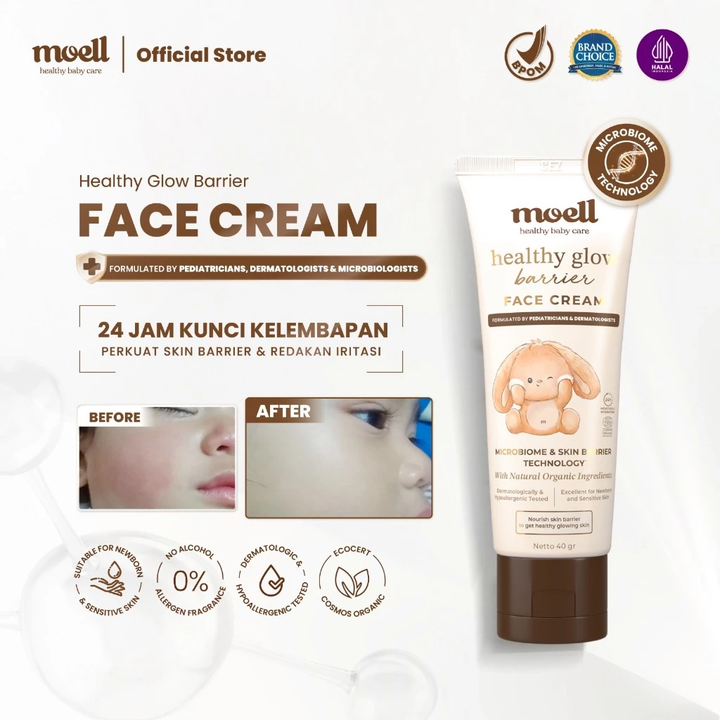 Moell Face Cream 40gr Plant Based Probiotics & Panthenol - Pelembap Wajah Bayi - Menenangkan & Mered