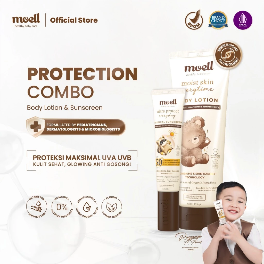 Moell Protection Combo - Sunscreen 30gr & Body Lotion 185gr - Body Lotion untuk kulit Normal Sensitif Eksim- Physical Sunscreen SPF 50(+) PA(++++) - Perawatan Kulit Sensitif Ruam Bayi dan Anak