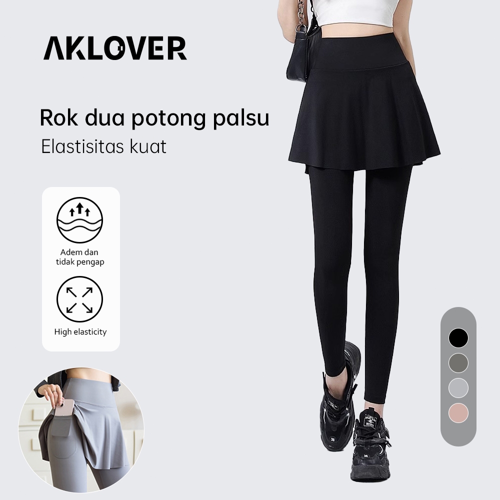 AKLOVER Celana Rok Wanita 2-in-1 Hitam High Waist Legging Celana Olahraga Wanita Rok