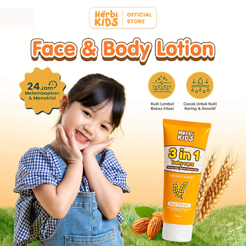 Herbikids 3in1 Face And Body Lotion 100ml Krim Pelembab, Pencerah Kulit Anak dan Bayi (UV Protector) - Anti Iritasi Anti Krim Penghilang Bekas Luka atau Gigitan Nyamuk, Pelembab, Meratakan Warna Kulit, Cream Luka