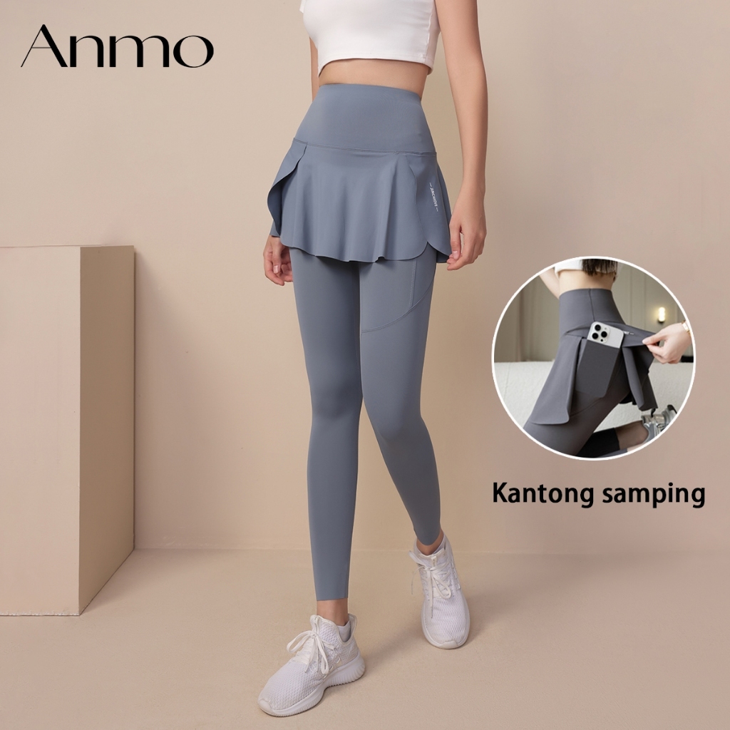 ANMO-Celana panjang olahraga wanita model 2IN1, high waist, Tidak menerawang , cocok
