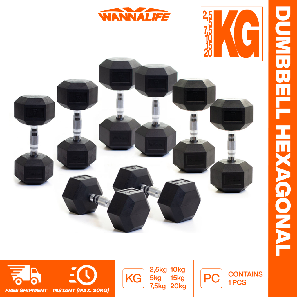 WANNALIFE Dumbbell Hexagonal 2,5kg 7,5kg 10kg 12,5kg 15kg 17,5kg 20kg | Alat Latihan Beban