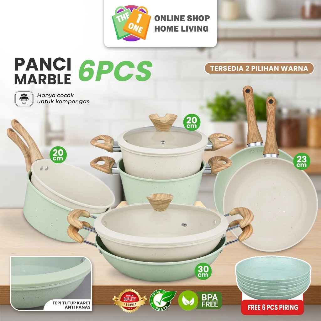 (FREE PIRING)Set Panci Marble 6 Pcs Anti Lengket - Panci Wajan Serbaguna Estetik