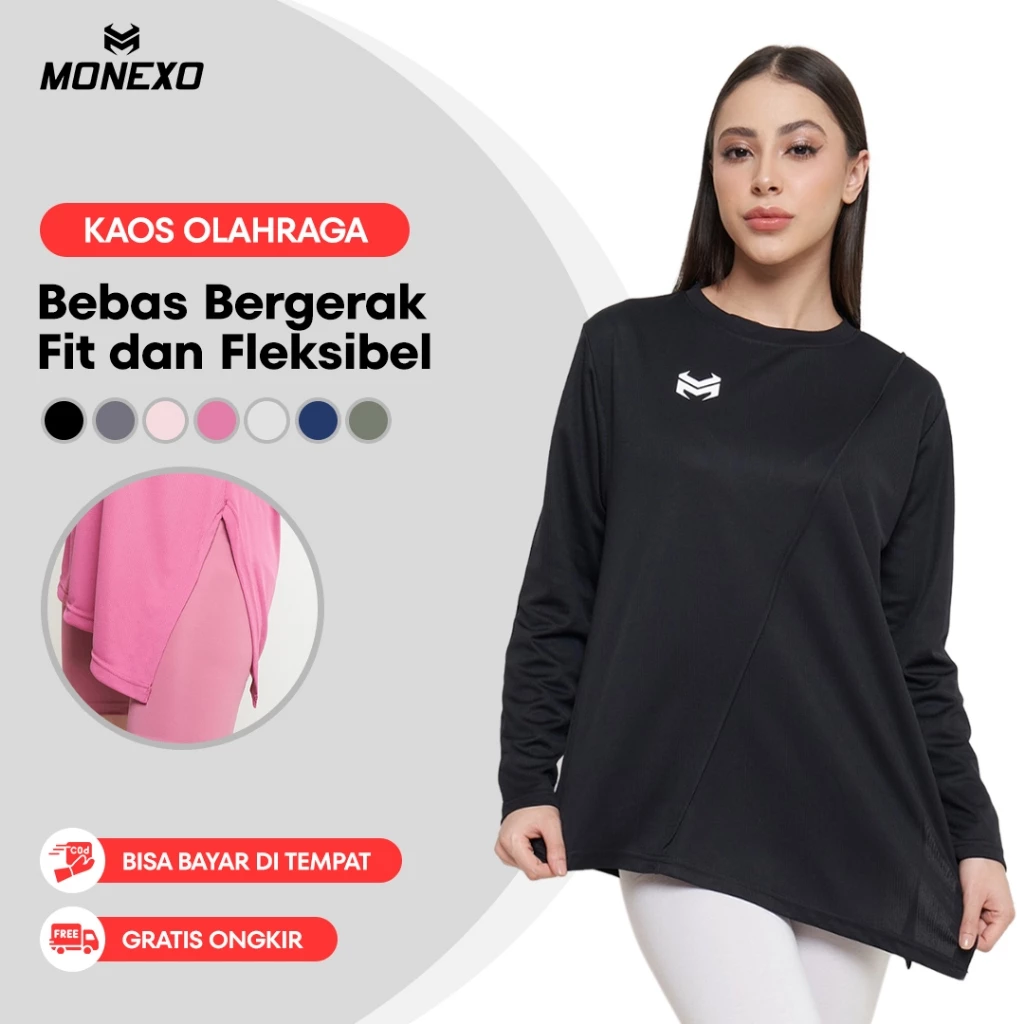 Monexo - Baju Olahraga Wanita Lengan Panjang Hijab Sport T-Shirt Yoga Oversize Run13