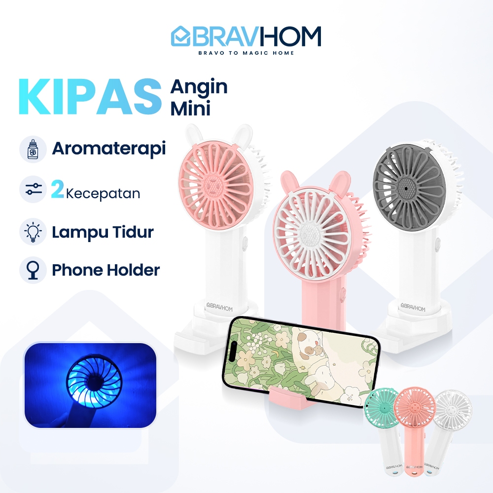 BRAVHOM Kipas Angin Mini Portable Aromaterapi Lampu Tidur Phone Holder Kipas Angin Kecil