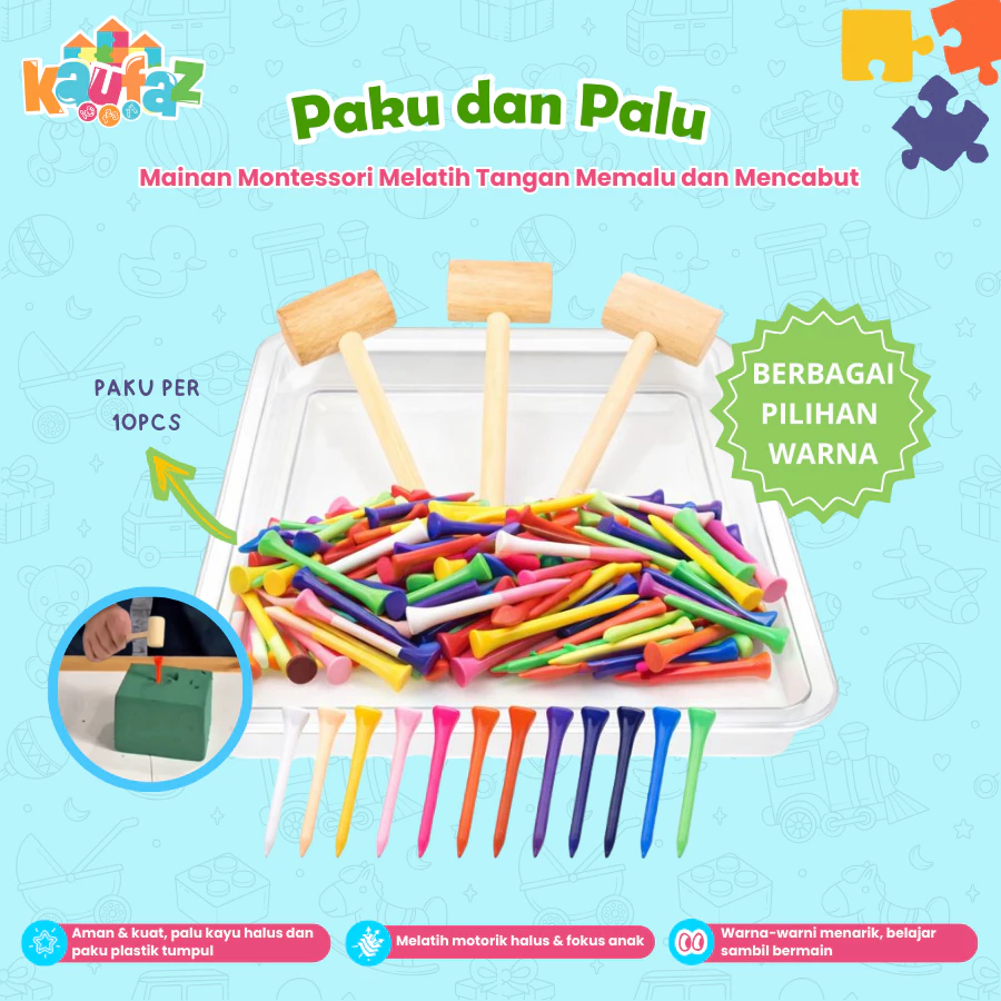 Mainan Edukasi Palu Kayu / Paku Plastik Warnawarni Melatih Tangan Memalu Mencabut / Mainan Montessori