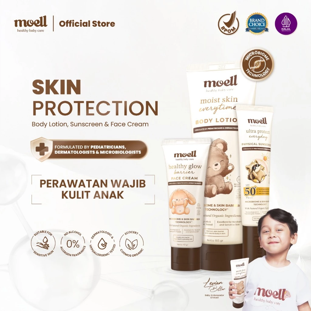 Moell Skin Protection - Face Cream 40gr & Physical Sunscreen 30gr & Body Lotion 185gr - Skincare Baby - Natural Organic