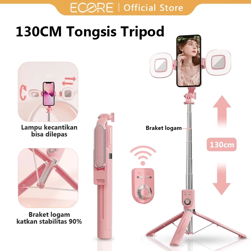 Ecore Tongsis Selfie Stick Tripod Bluetooth 130cm + LED Light