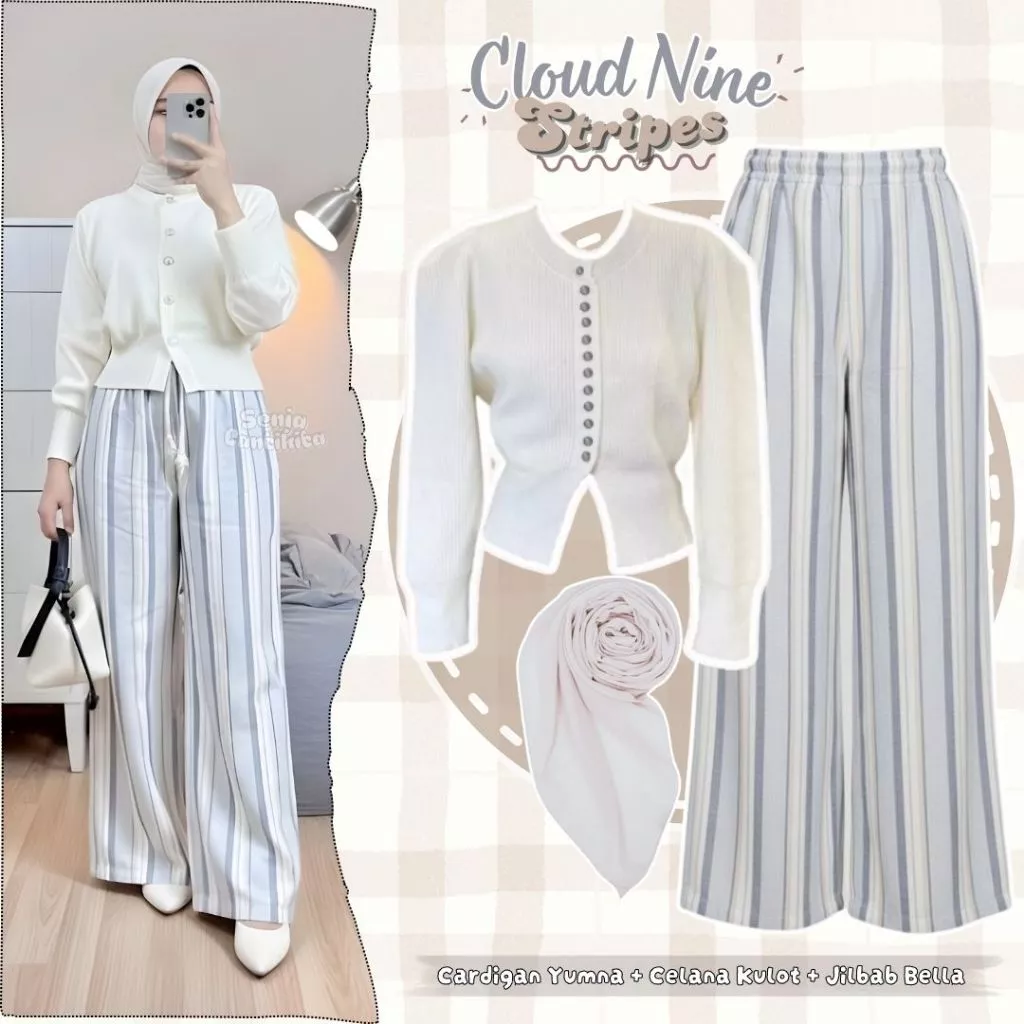 One Set 3in1 Cloud Nine Stripes - Cardigan Celana Kulot Jilbab