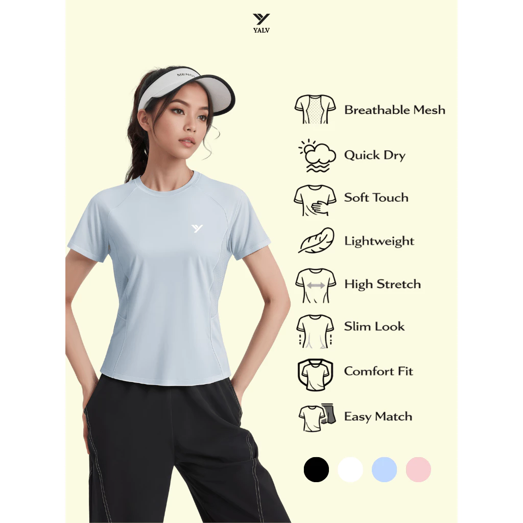 Yalv Aero Atasan Kaos Olahraga Wanita Short Sleeve UV Protection Adem Running Padel Gym