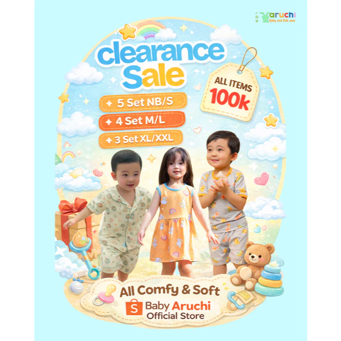 [ CLEARANCE SALE ] ARUCHI 5 STEL Setelan Pendek Baju New Born PROMO Pakaian Anak Motif 1 Set Isi 5 SNI Anti Alergi Kaos Baju Kancing Depan Dress