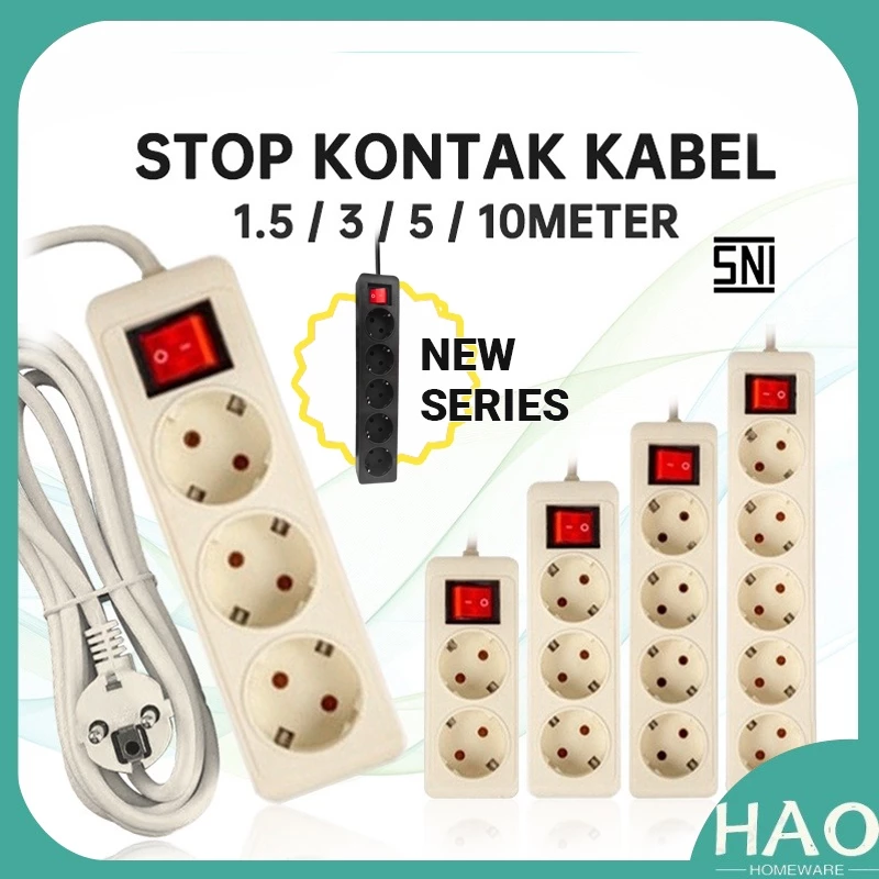 STOP KONTAK + KABEL 2/3/4/5 LUBANG 1.5/3/5/10 M SNI Barang Lokal Stop Kontak Putih/Hitam