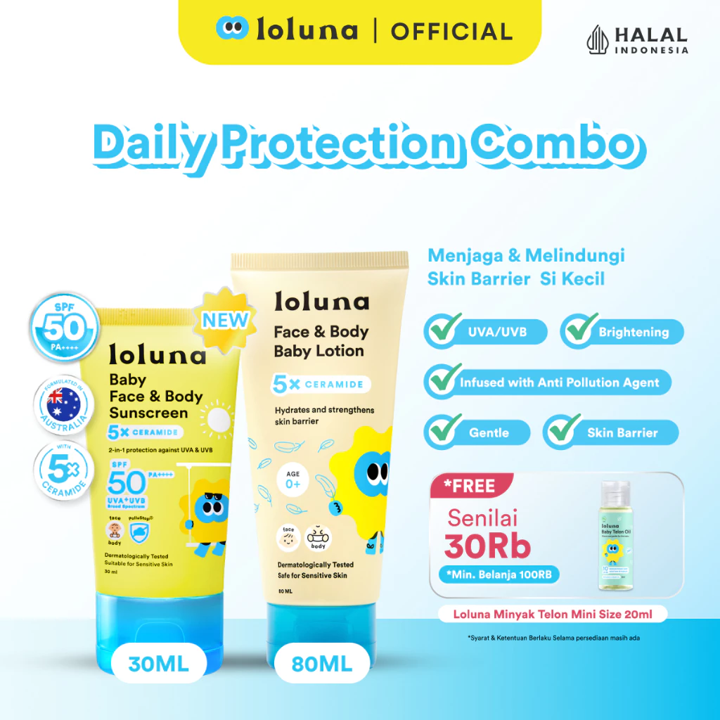 LOLUNA Daily Protection Combo - Baby Face & Body Sunscreen 30ml/ Baby Face & Body Lotion 80ml - 5x Glowing Sun Care/ 5x Ceramide/ Lotion Krim Sunscreen Muka dan Badan Bayi dan Anak