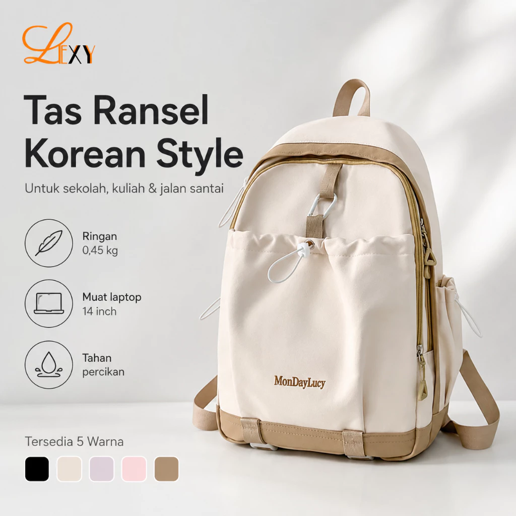 LEXY Tas Sekolah Korean Style Tas Ransel Kuliah Wanita Waterproof Backpack Laptop 14 Inch