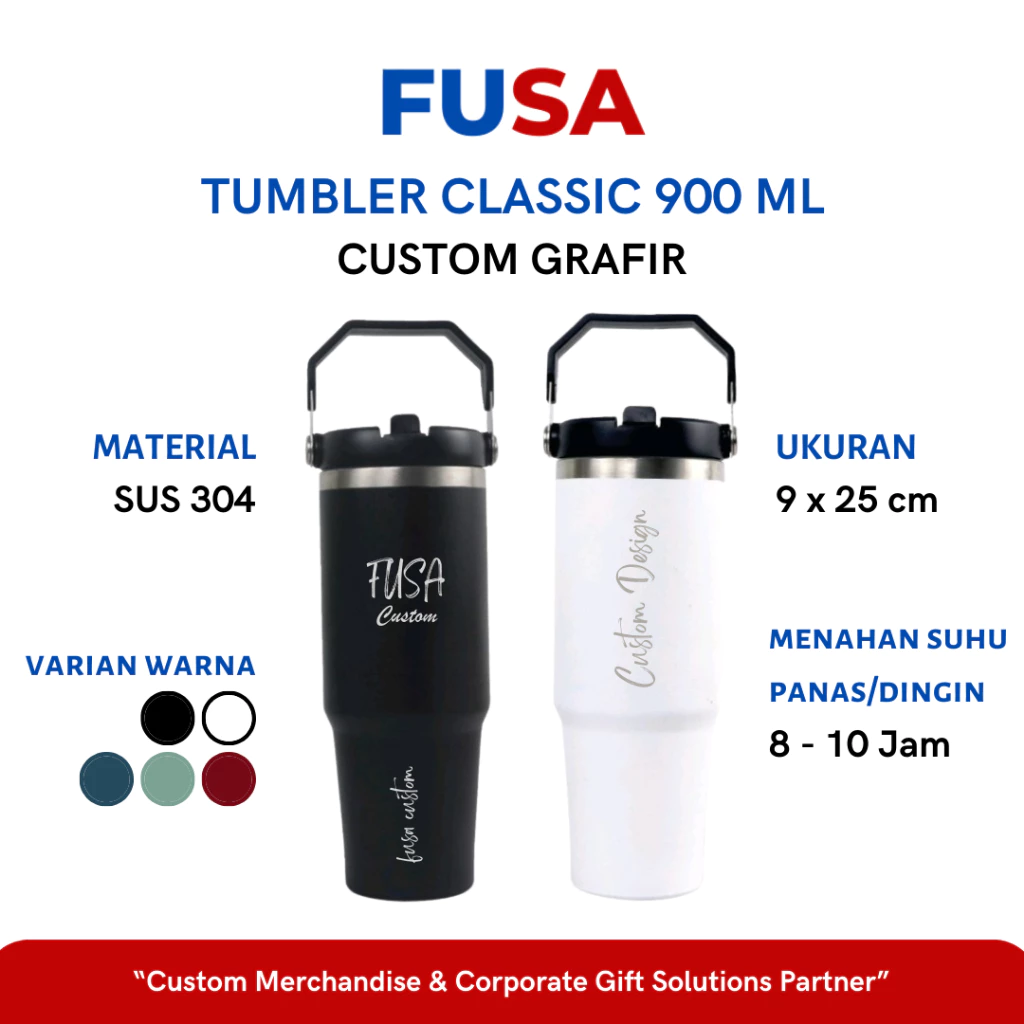 FUSA Tumbler Custom Classic 900ml Laser Grafir Nama Logo Souvenir Promosi Botol Minum Termos