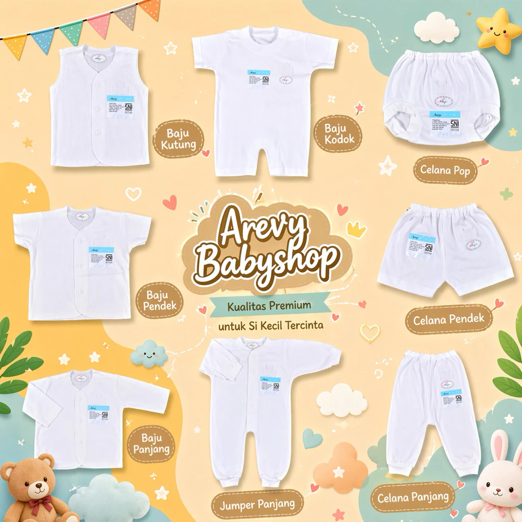 Baju Celana MIYO Putih 0-3 Bln Setelan Panjang Pendek Kutung Baju Bayi Newborn Kodok Sarung Tangan