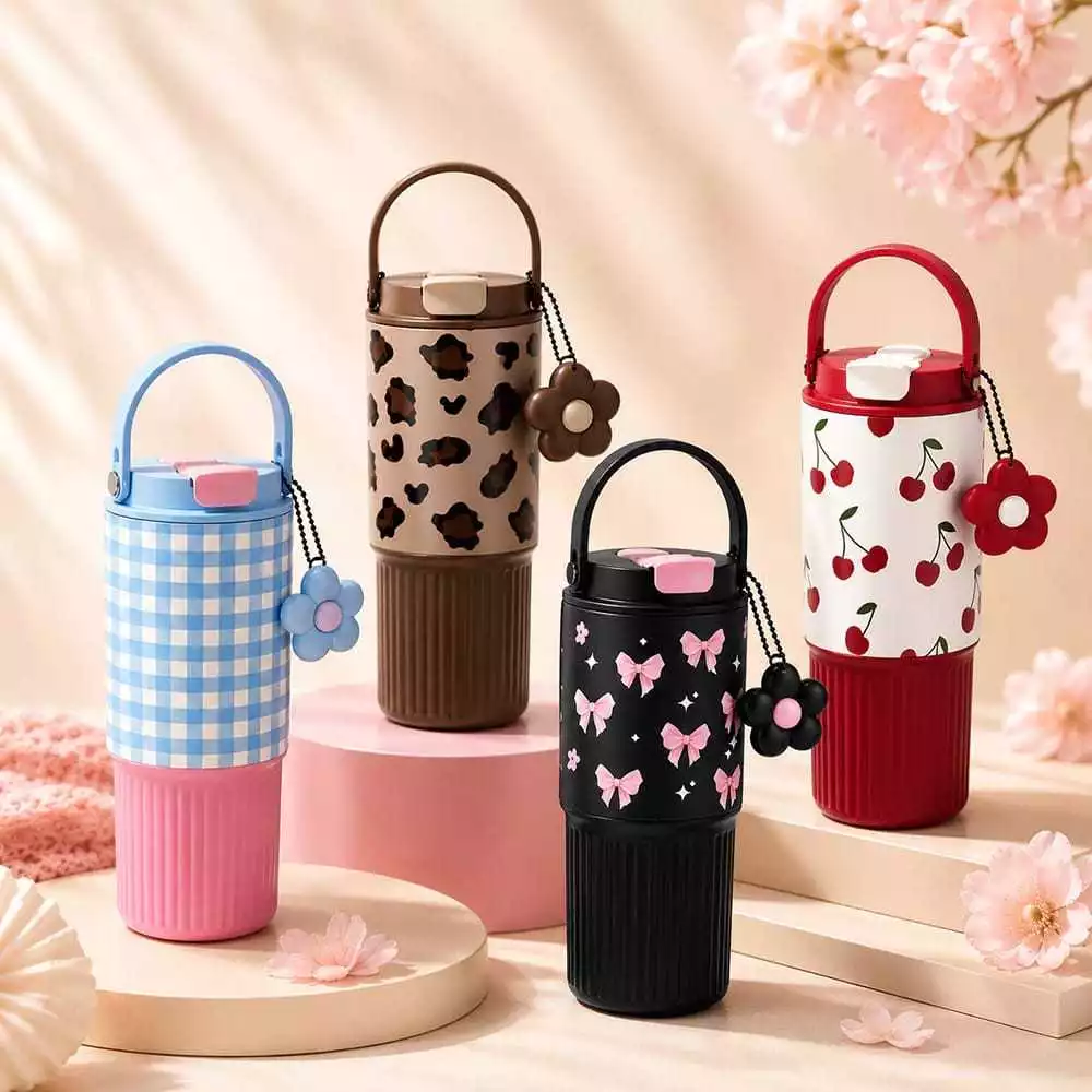 2in1 Botol air minum stainless motif tumbler sedotan 2 variasi free gantungan