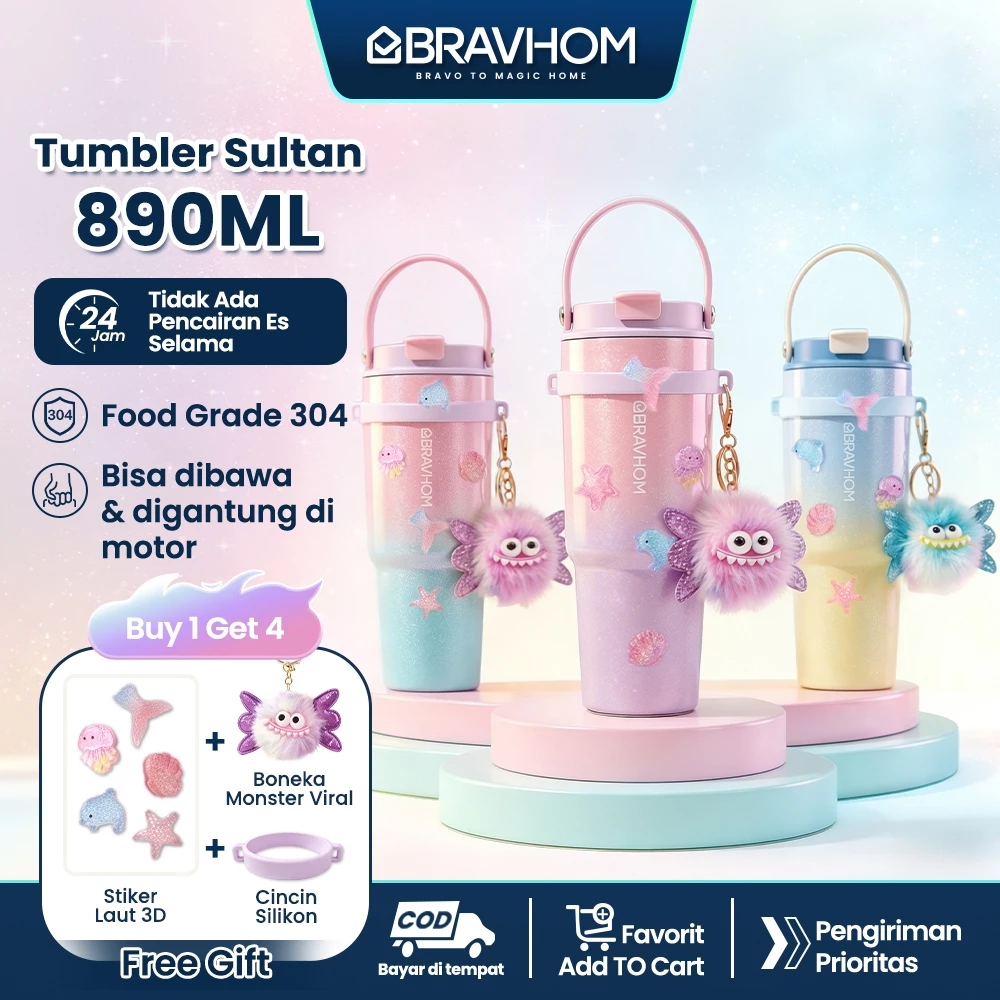 BRAVHOM Tumbler 890ml Stainless Tahan Panas Dingin Cangkir Mug Kopi Termos Air Pansa Aesthetic Botol Minum Wanita BT06
