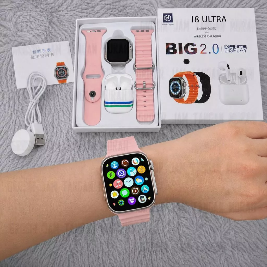 Smartwatch i8 Ultra Free 2 Tali Plus Earphone TWS Full Layar ADA Kalkulator Support