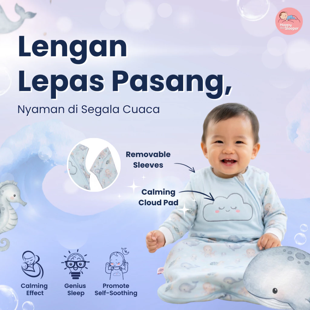 HappyLittleSleeper Dream Cloud 4Season Removable Sleeve Calming Sleepsack 100% Katun with Calming Cloud Pad - Sea Friends Series (FREE Cussons Baby Hair & Body Wash Cuddle Calm)