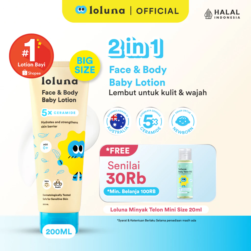 LOLUNA Face & Body Lotion 200ml - Lotion Krim Muka dan Badan Bayi dan Anak/ Krim untuk Newborn/ 5x Ceramide/ Melembapkan Kulit Wajah & Badan/ Perawatan Kulit Kering dan Sensitif Bayi