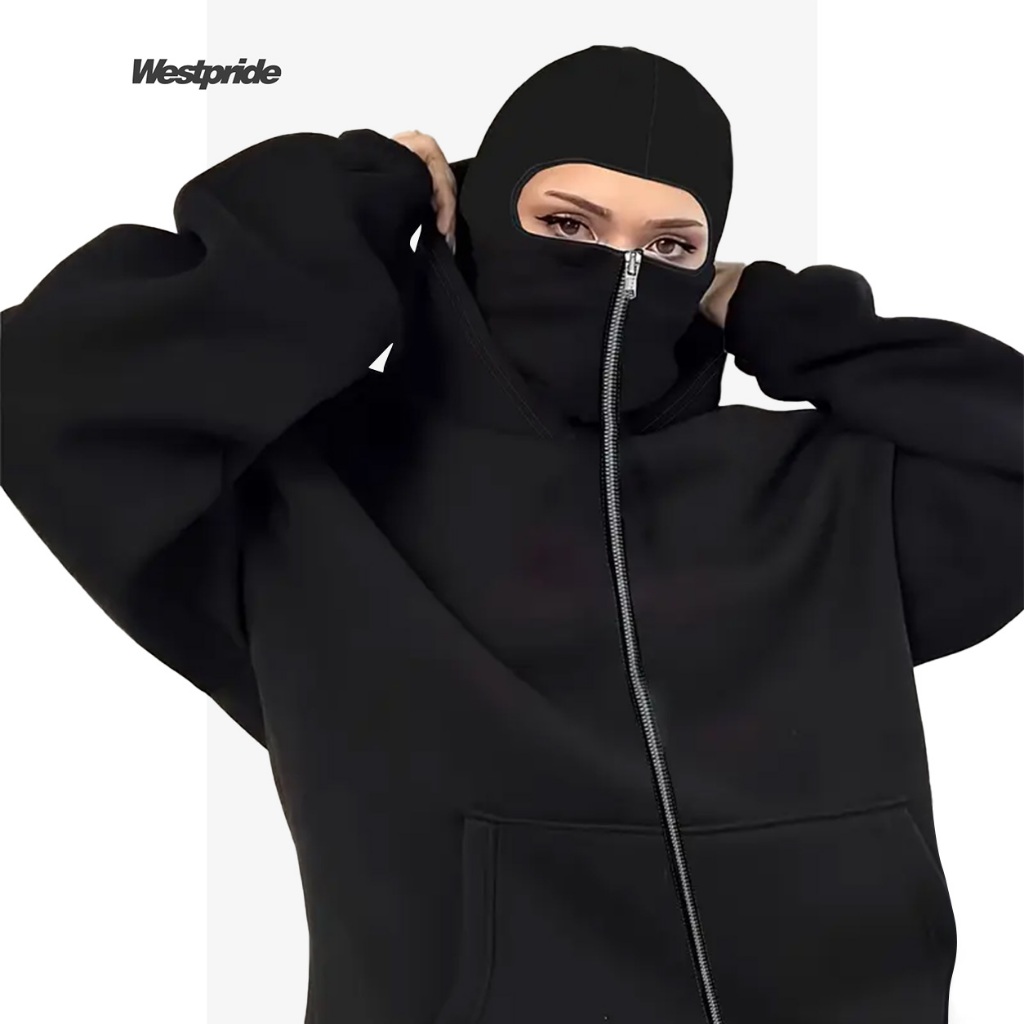 Westpride - Jaket Hoodie Ninja Balaclava Hitam Tebal Pria Wanita