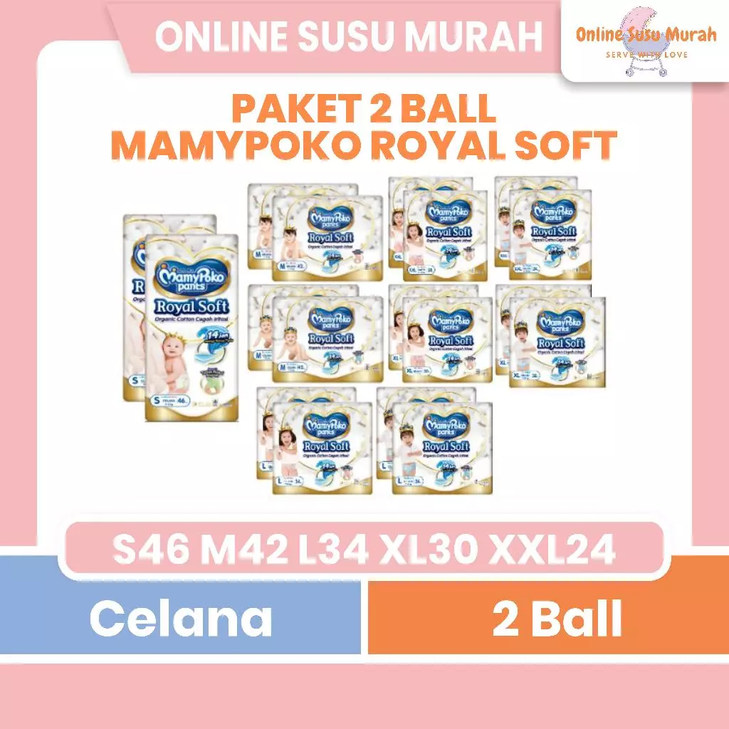 Mamypoko Pants Royal Soft Paket 2 Ball S46 M42 L34 Xl30 Xxl24 Boy Girls Mamy Poko Popok Celana PPKS