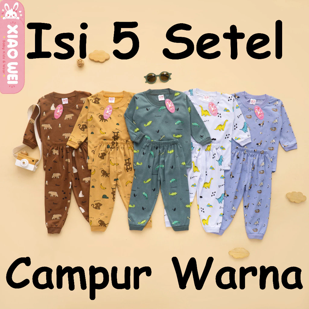 (ISI 5 SETEL) Setelan Anak Bayi Laki Laki Tartan Zoo / Baju Bayi Laki Laki / Baju Anak Laki Laki / Baju Anak Anak / Kaos Anak Laki Laki/ Baju Anak 0 - 4 Tahun Xiao Wei Baby & Kids Wear