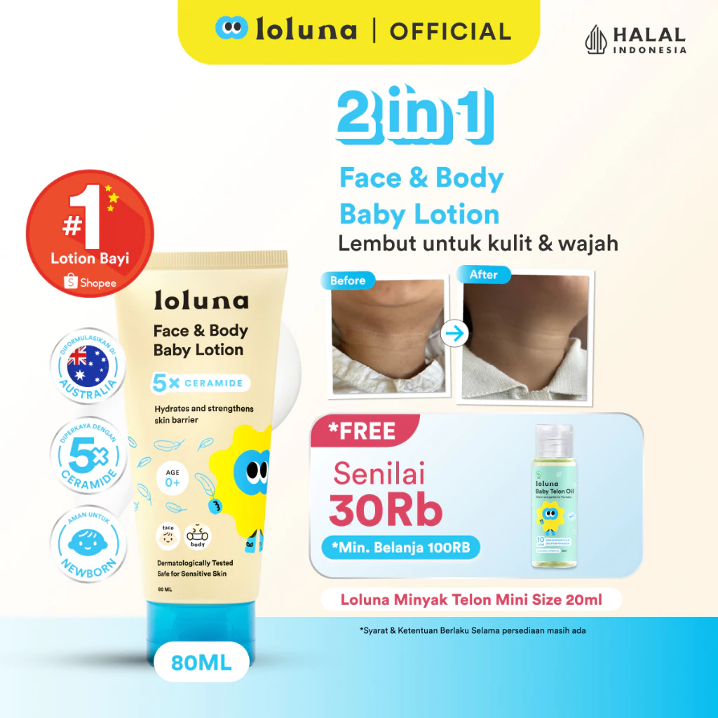 LOLUNA Face & Body Baby Lotion 80ml - Lotion Krim Muka dan Badan Bayi dan Anak/ Krim untuk Newborn/ 5x Ceramide/ Melembapkan Kulit Wajah & Badan/ Perawatan Kulit Kering dan Sensitif Bayi
