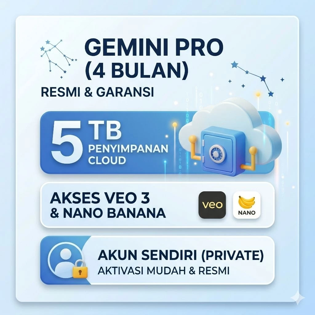 Gemini Pro 4 Bulan + Google One Cloud Storage 5 TB Anggota Family Akun Sendiri Resmi Akses Veo 3 Nano Banana AI Premium Bergaransi