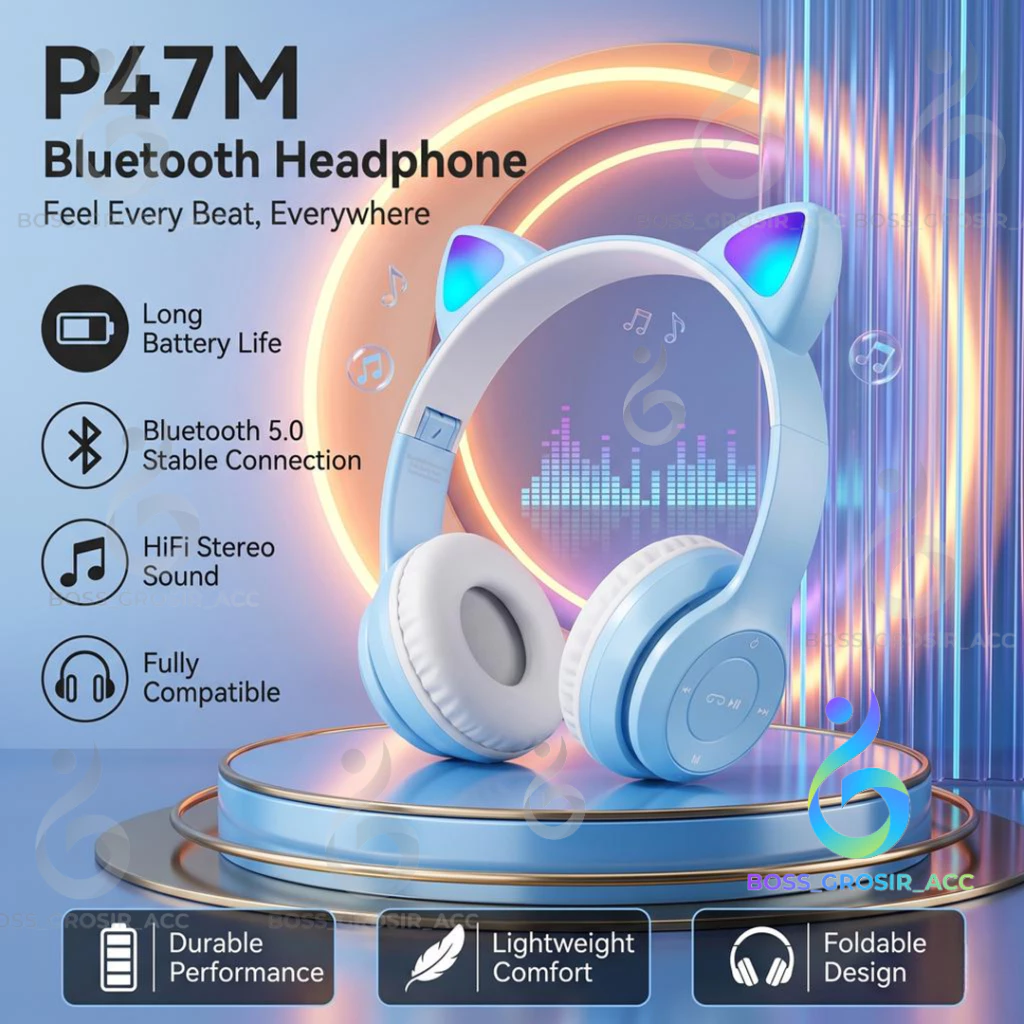 P47M Headphone Headset Bluetooth Gaming Cat Ears Wireless Bluetooth RGB Led Light Super Bass Stereo Bando Headset Gaming Telinga Kucing