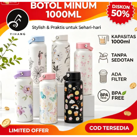 1000ml Tumbler Stainless Tahan Dingin Lucu Tahan Panas Kopi Termos Air Panas
