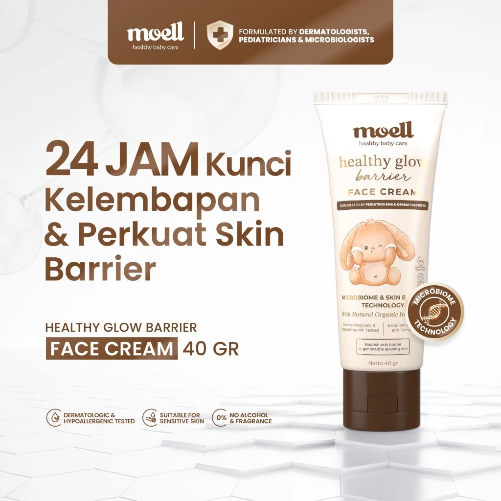 Moell Face Cream 40gr Healthy Glow Barrier with Green Tea Extract with Panthenol - Pelembap Wajah Bayi - Menenangkan & Meredakan Kulit Sensitif Kering dan Iritasi - Skincare Bayi - Skincare Anak