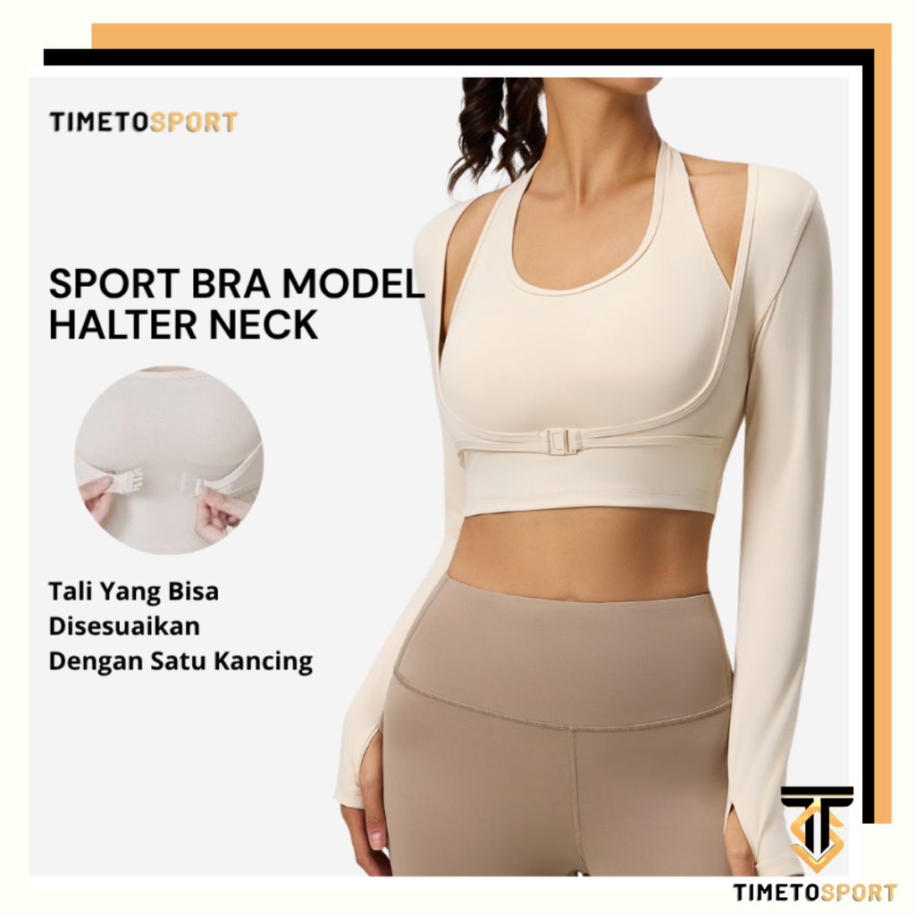 TIMETOSPORT Bantalan Dada Bawaan Lengan Panjang Kaos Halterneck Atasan Olahraga Wanita