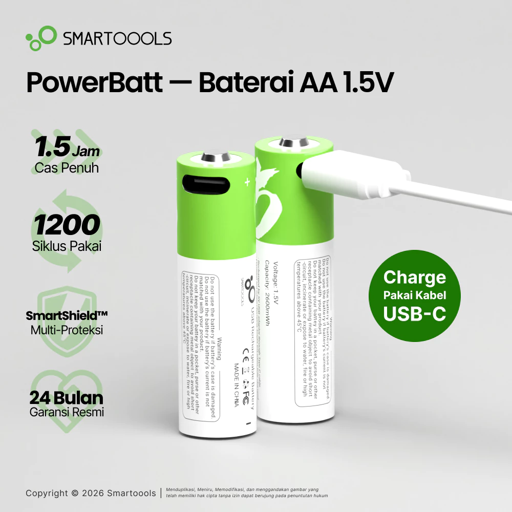 Baterai Cas Isi Ulang Smartoools PowerBatt AA 1.5V Type-C USB Rechargeable Li-Ion Battery