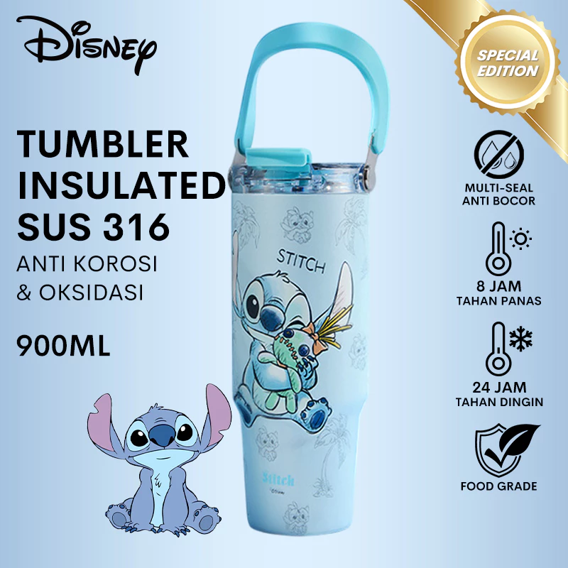 Disney Stitch Tumbler Botol Minum Karakter 3in1 Phone Stand Handle - Stainless Steel 316 900ml Portable Termos Sedotan - Hadiah Natal Tahun Baru Ulang Tahun BKL50802