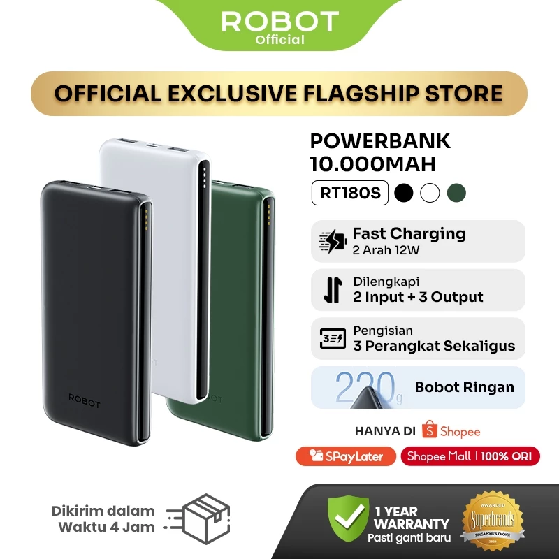 ROBOT Power Bank RT12 RT180S 10000mAh Fast Charging Slim