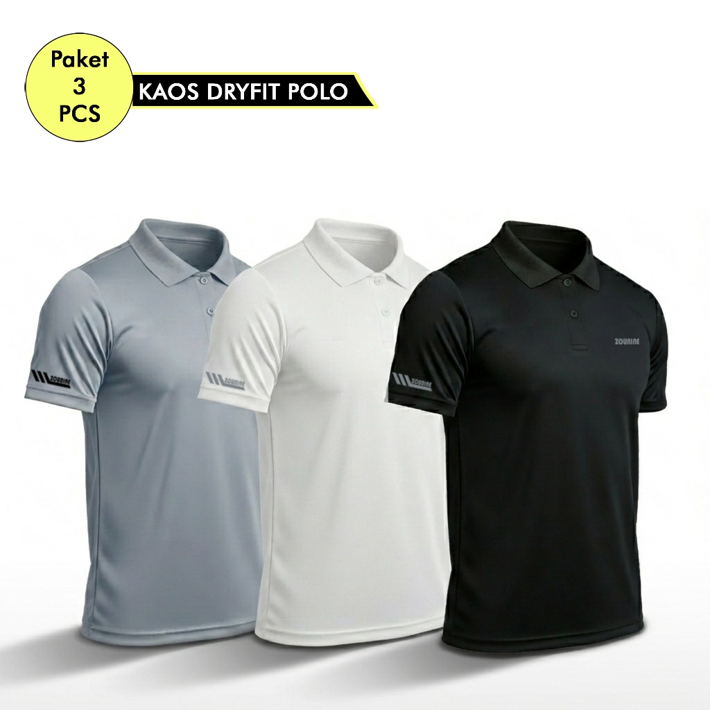 Zou9 3 Pcs Kaos Baju Olahraga Polo Pria Gym Lari Atasan Fitness Bahan Dry Fit