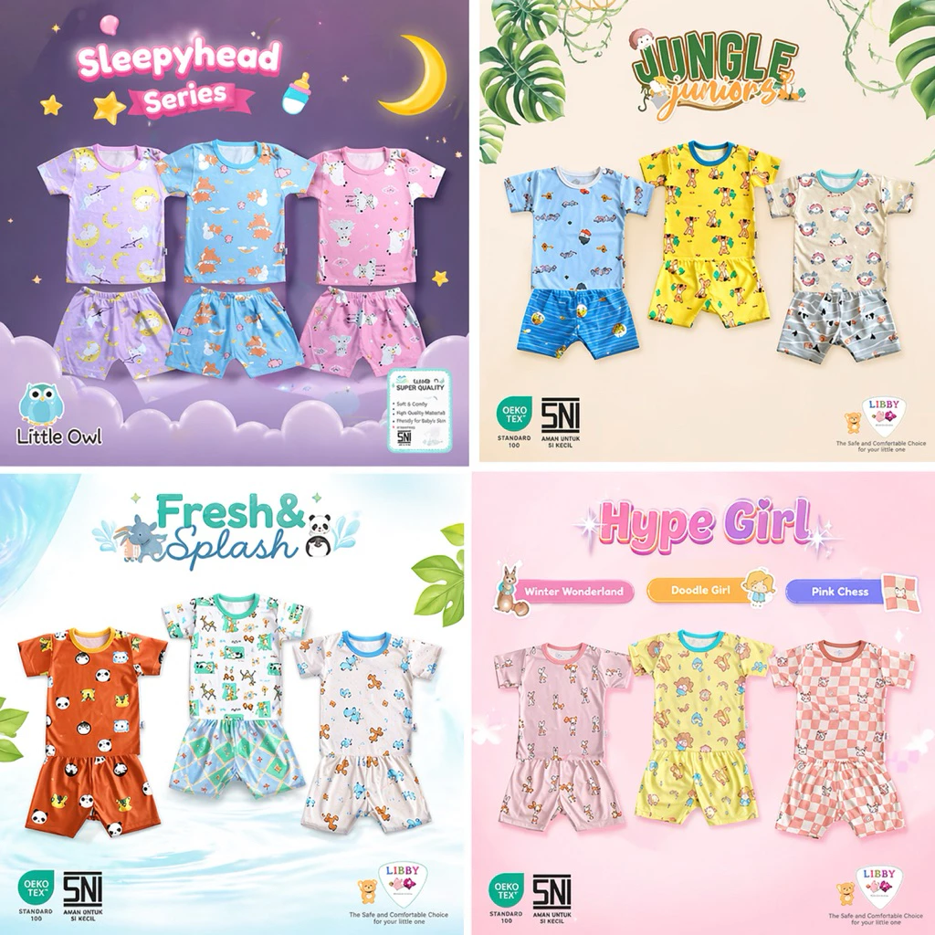 3 Pcs Libby / Little Owl / Miyo Setelan Pendek Oblong SML Baju Bayi Kacing Pundak Piyama Baby Pendek