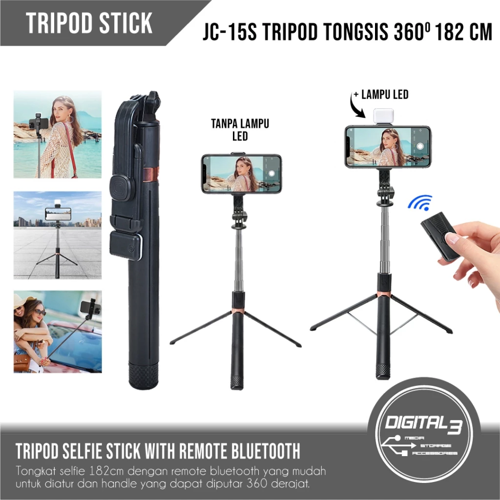 Tripod JC-15S Selfie Stick 182cm + LED