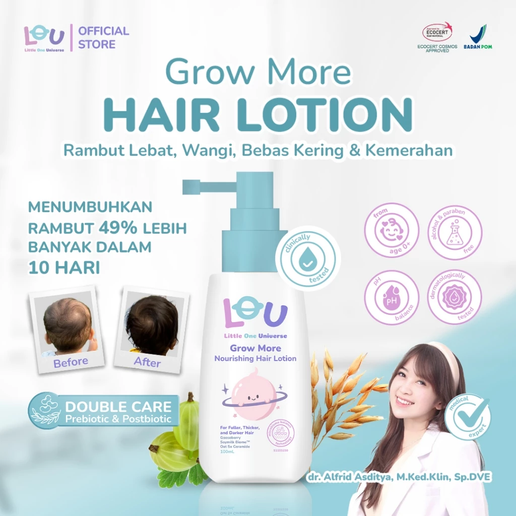 LOU Grow More Nourishing Hair Lotion 100ml - Penumbuh Rambut Bayi - Menumbuhkan, Melebatkan, Menghitamkan Rambut dalam 10 Hari