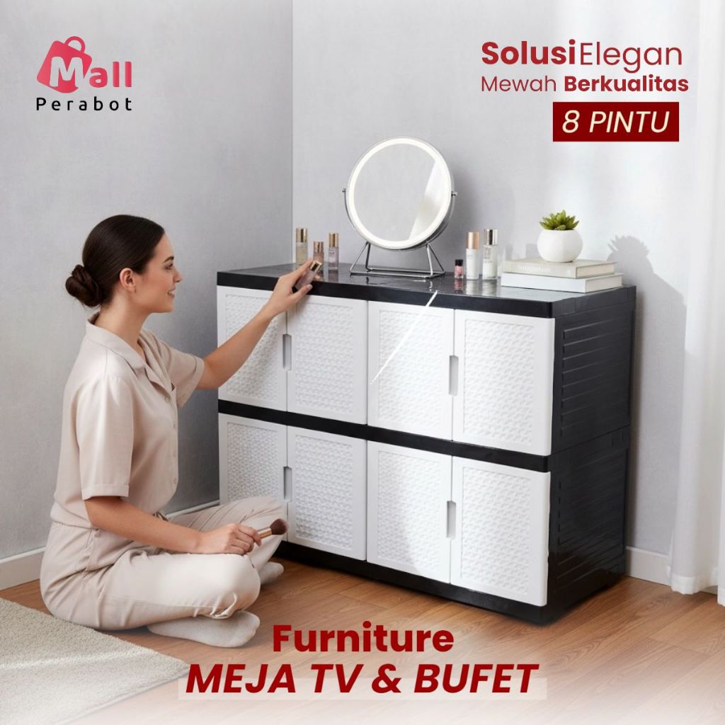 Mall Perabot | Bufet TV Minimalis Lemari Plastik Meja TV Horizontal 8 Pintu Kabinet Ruang