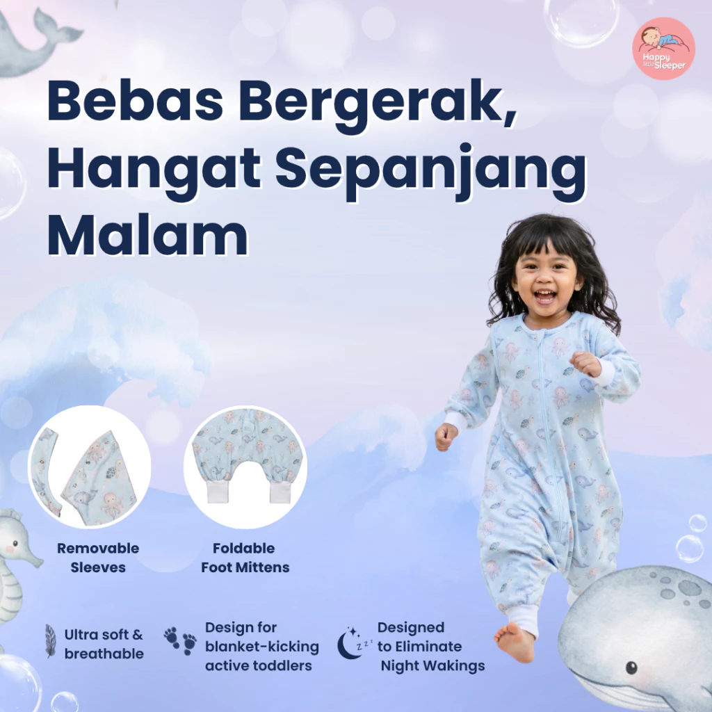 HappyLittleSleeper Dream Walker The Reinvented Toddler Blanket Sleepsack 100% Katun Sleepsack dengan kaki - Sea Friends Series (FREE Cussons Baby Face & Body Cream Cuddle Calm)