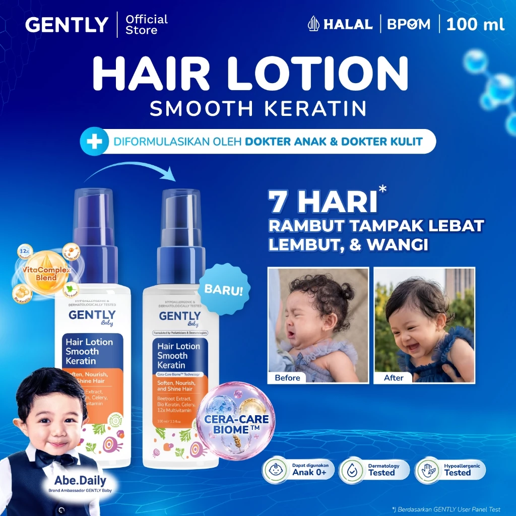 GENTLY Baby Hair Lotion Smooth Keratin with Celery, Beetroot Extract, & Candlenut Oil | Lotion Anak Penumbuh, Penebal & Merapikan Rambut